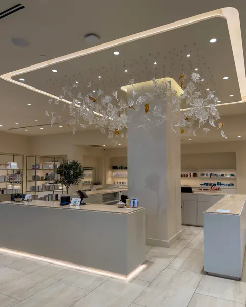 Skin Vault at The Well reception counter beneath the illuminated ceiling installation